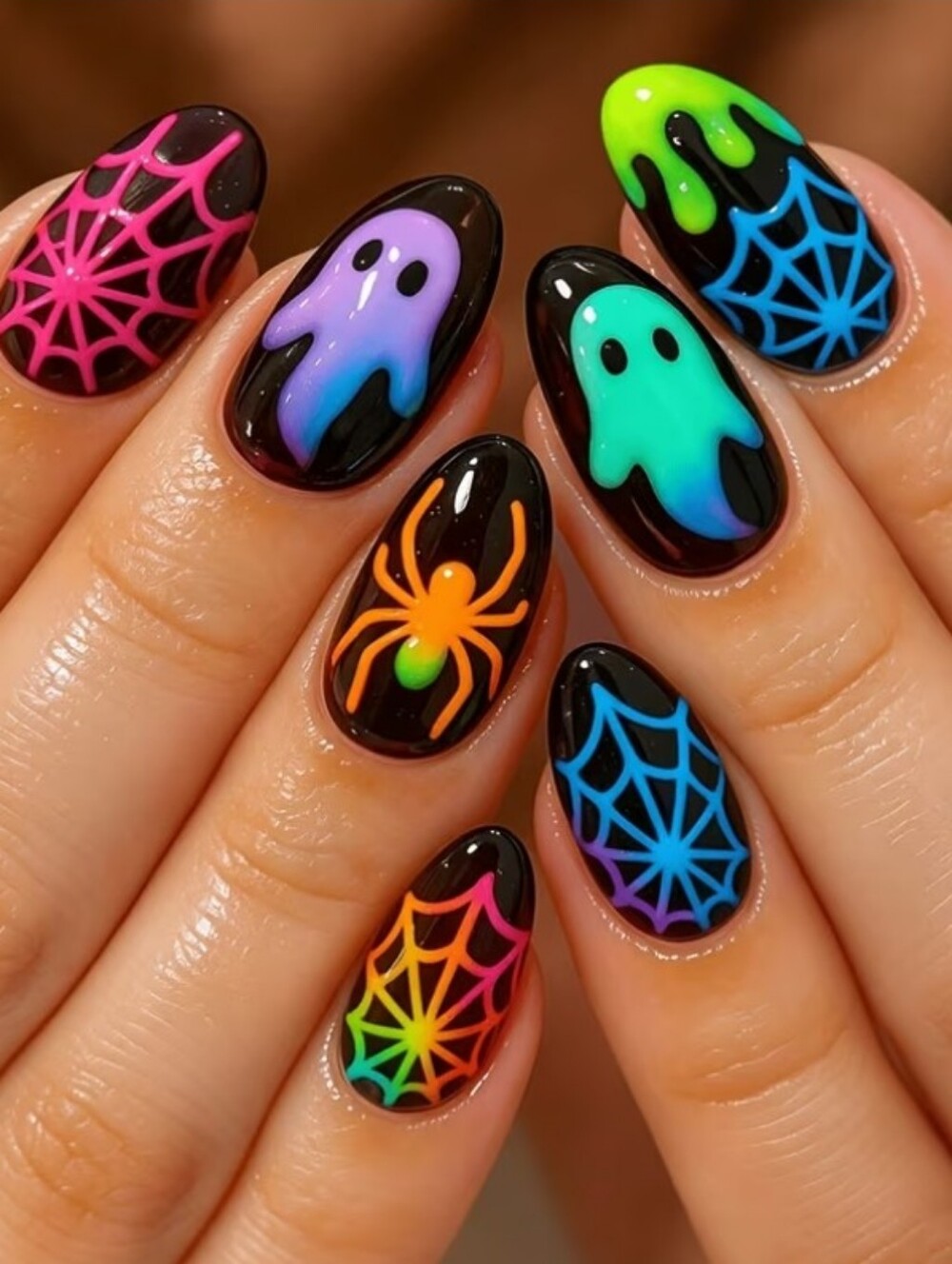 Neon Halloween Press On Nails Multi-Color Ghost & Spider Web Designs